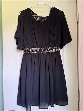 My Beloved Black Chiffon Mini Dress with Jeweled Waist